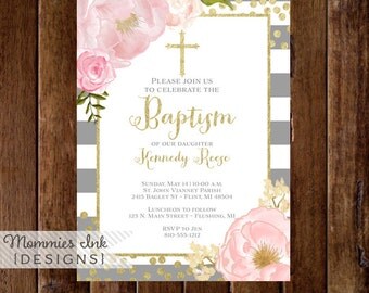 Watercolor Peonies Baptism Invitation, Gray Stripes Religious Invite, Watercolor Pink Roses, Gold Glitter, Communion Invitation