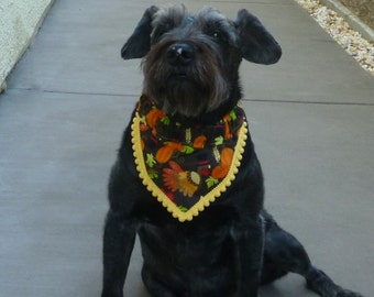 Dog Bandana, Pet Bandana, Dog Scrunchie, Dog Scarf, Pretty Turkey Fancy Bandanchy with tiny yellow pom pom trim - Size L: 16" to 18" neck