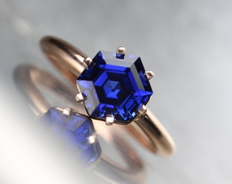 Hexagon Cut Lab Created Sapphire Engagement Ring 14k Rose White Yellow Gold Intense Blue Conflict Free Gemstone 6 Prong Bridal - Cobalt Cage
