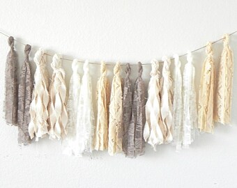 Tassel Garland, Tassel Banner, Fabric Tassel Garland, Lace Garland, Shabby Chic Garland, Nude Wedding, Boho Garland, Wedding Garland, Ivory