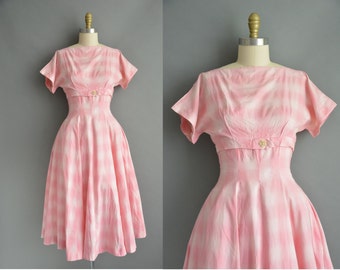 50s pink cotton plaid vintage dress / vintage 1950s dress