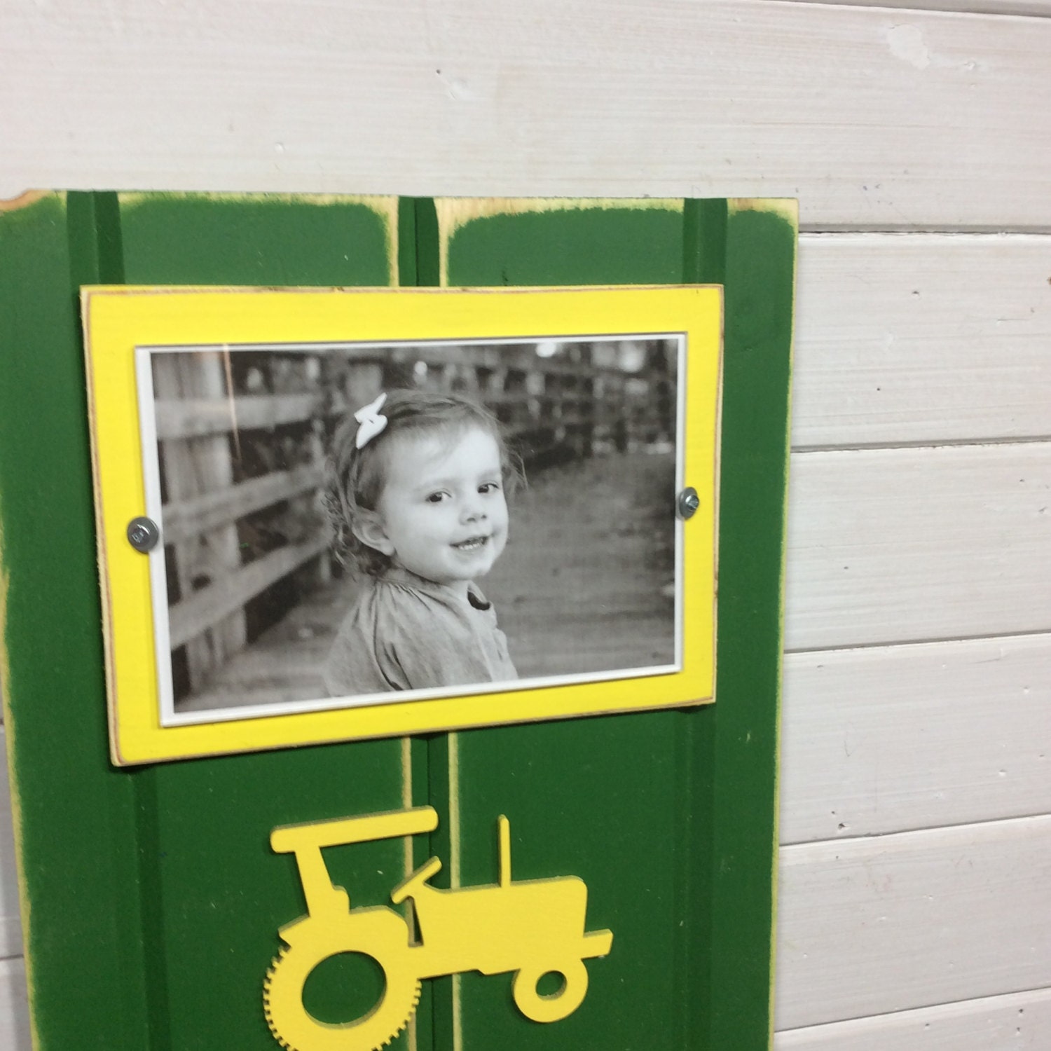 Green and yellow picture frame holds 2 4"x 6" photo. John Deere colors