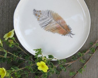 Ceramic Woodland Feather Hand Drawn Fine Art Plate One of a Kind Gift Idea Home Decor, Handmade Artisan Pottery by Licia Lucas Pfadt