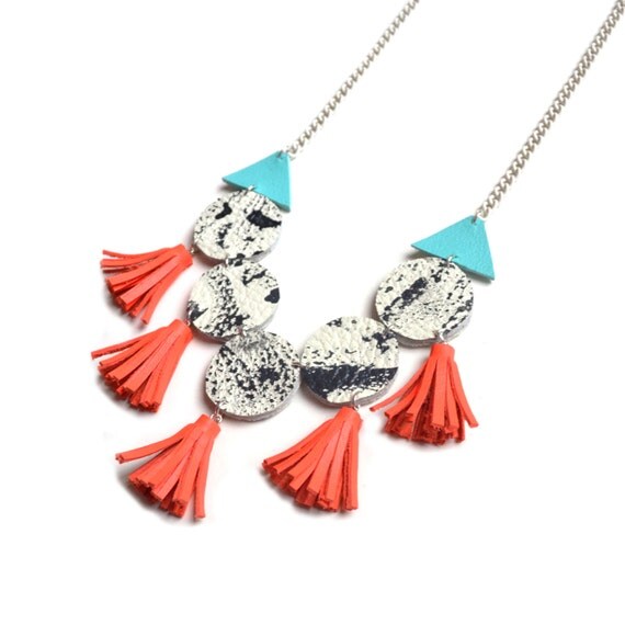 Coral Tassel Necklace Geometric Necklace Leather Fringe