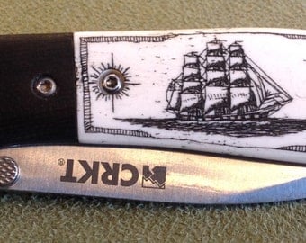 Knife-Stag Bone-Original Scrimshaw-Tall Ship