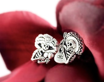 Day of the Dead Earring Studs - Sterling Silver Sugar Skull Earrings -Dia De Los Muertos Mismatched Stud Earrings - Skull Stud Men Women