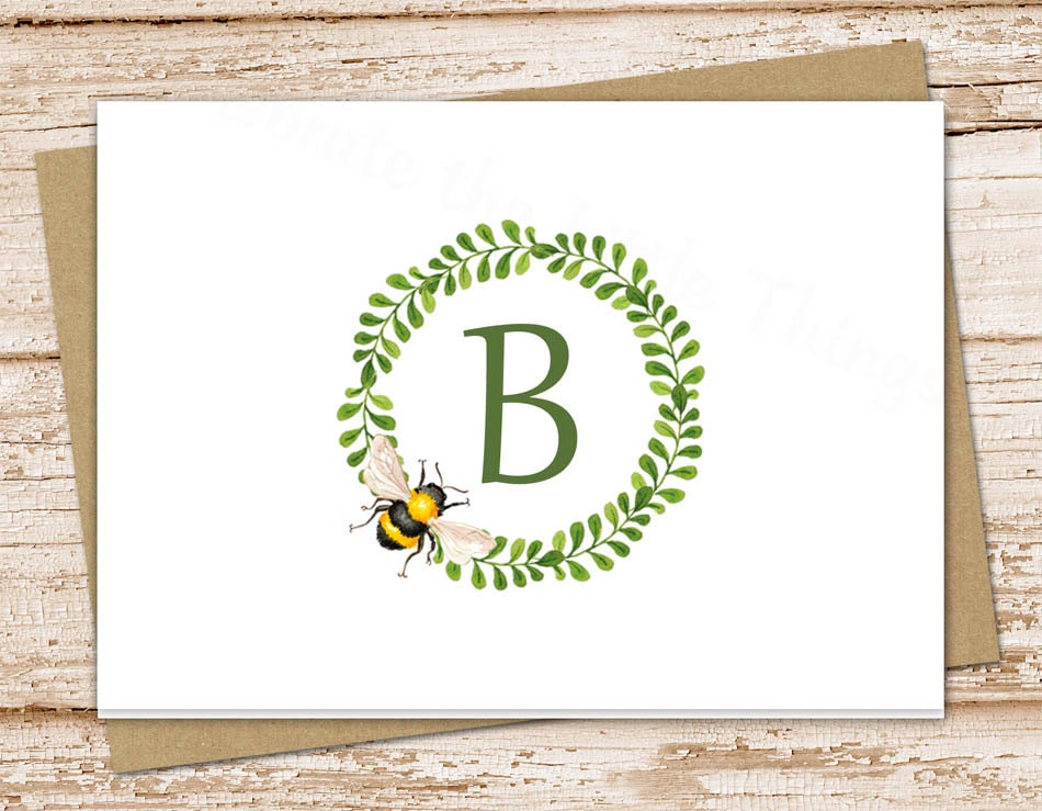 personalized bee note cards . bee wreath notecards set