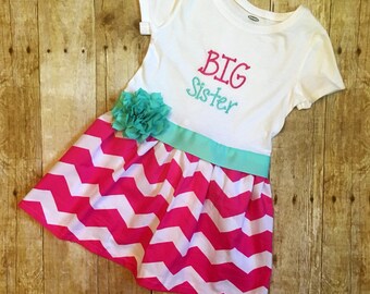 Big Sister dress, Aqua and hot pink dress, Chevron dress, Aqua chevron, Aqua and hot pink