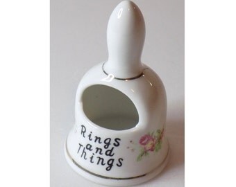 Vintage Ceramic Ring Dish, Rings & Things White Bell Shaped Jewelry Container, Floral Accents, Vanity / Bedside Table Decor