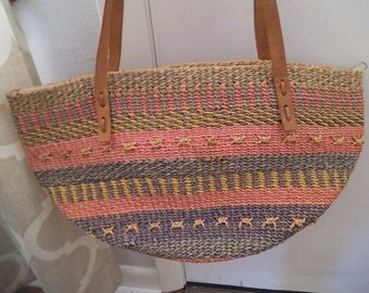 Vintage Woven Jute Market tote ~ Shoulder tote with leather