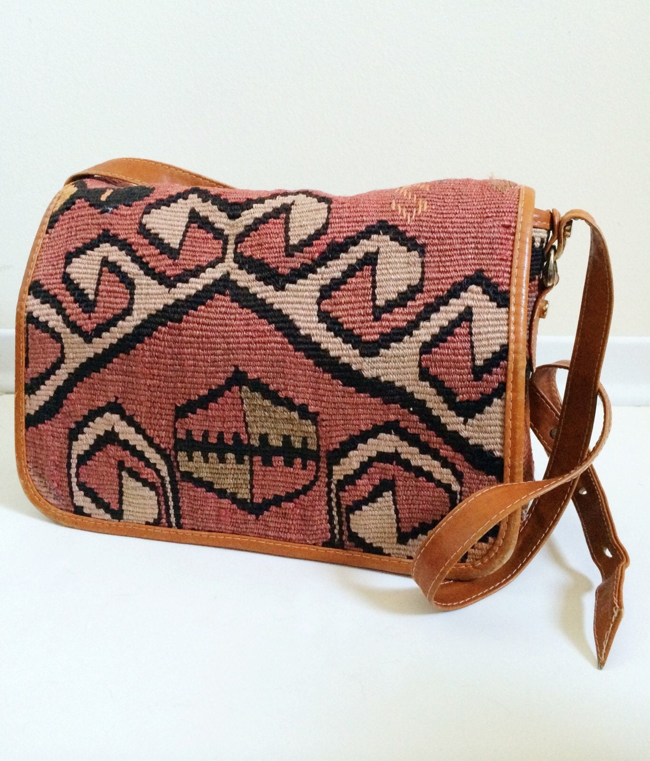 Vtg. Turkish Kilim Tapestry Purse Bag Tan Leather Woven