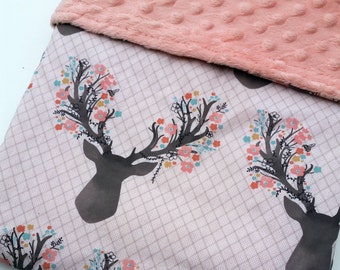 Baby Blanket - Minky Baby Blanket - Deer Baby Bedding - Antler Blanket - Pink Minky Blanket - Baby Shower Gift - Woodland Blanket