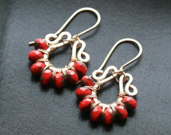 Bright orange beaded dangle earrings, 14k gold filled, wire wrapped, hoop, drop earrings, Czech glass, Mimi Michele Jewelry