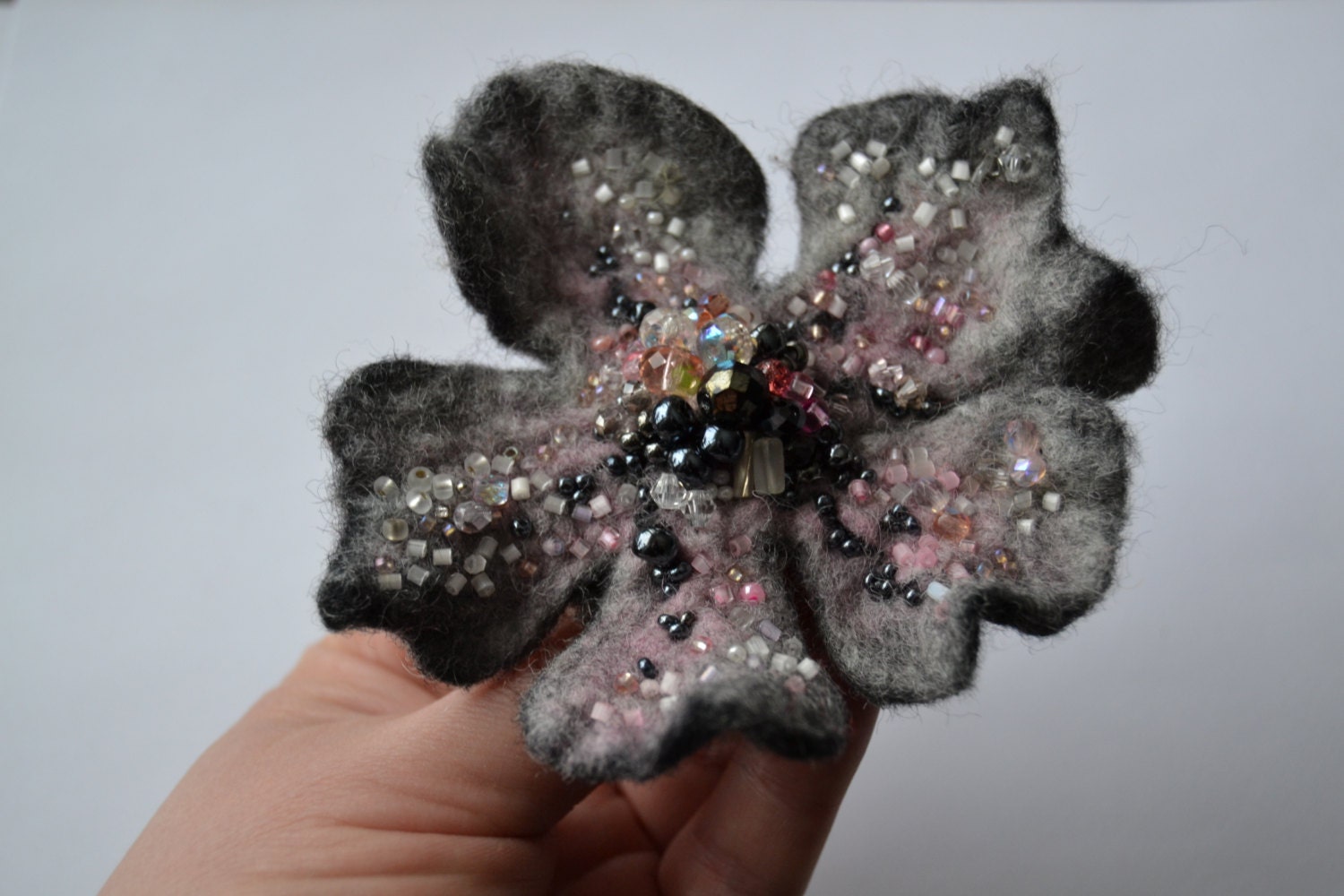 Felted Woolen Flower Brooch Pin Embroidered White Pink and
