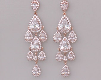 Rose Gold Earrings, Chandelier Earrings, Teardrop Bridal Earrings, CLIP On & Post Option, Long Crystal Earrings, Bridal Jewelry, TAMARA RG