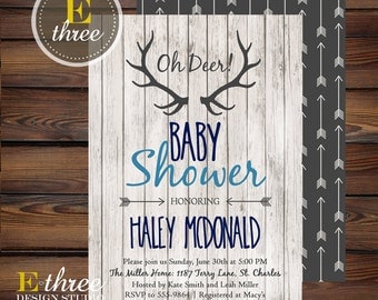Rustic Baby Boy Shower Invitations - Deer Antler Boy's Shower Invitation - Navy, Gray, Light Blue - Rustic Wood, Arrows, Deer #1002