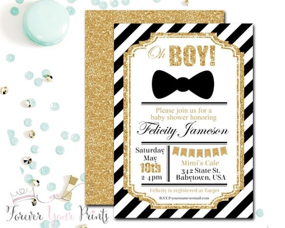 Black and Gold Glitter Striped Baby Shower Invitation, Boys Baby Shower Invitation, Little Man Invitation, Gold Glitter Baby Shower, Bow Tie Il_570xn
