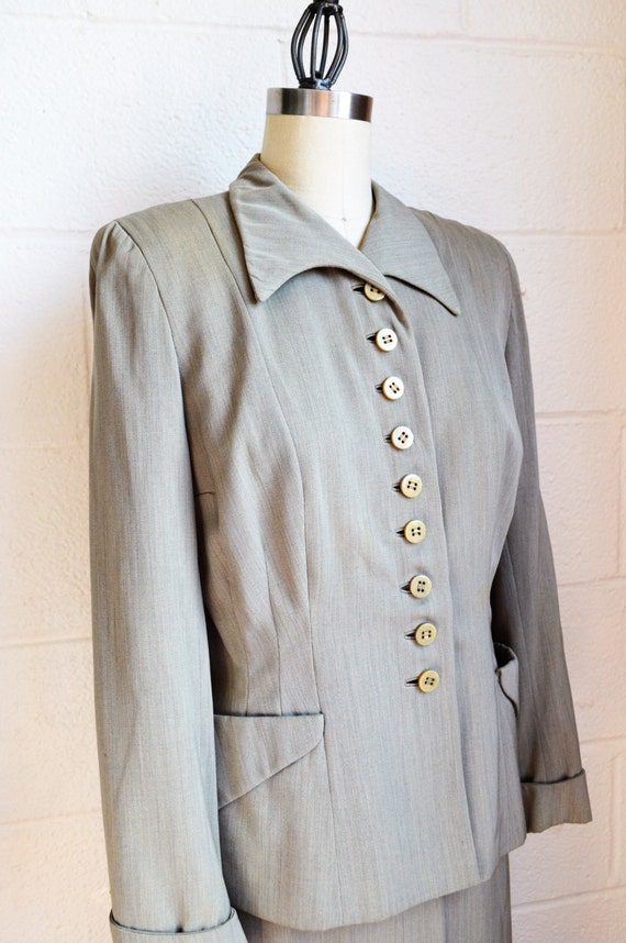1940s Womens Suit Greenish Gray Wool Jacket and Skirt Bound