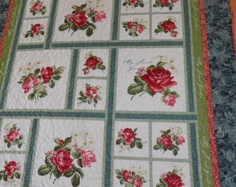 Roses' Lap Quilt Handmade Red and Cream 55 x 75