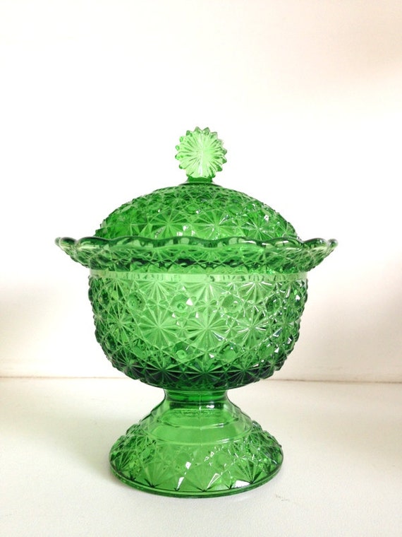 Vintage Green Glass Covered Pedestal Dish