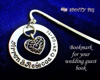 Personalised Guest Book Bookmark, Wedding Date + Bride & Groom's Names Hand Stamped