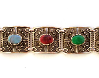 Sarah Coventry Wide Link Bracelet Faux Gemstones Antique Gold Tone Signed