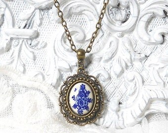 Delft blue pendant necklace delft blue jewelry delft delft blue cabochon delft blue necklac bronze pendant necklace