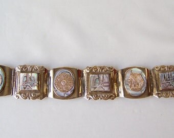 Vintage Carved Abalone Faux Gold Coins Nickel Silver Chunky Bracelet Glitzy Bracelet Made In Mexico 1980s
