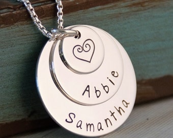 Hand Stamped Personalized Mommy Necklace - Sterling Silver Family Stack - 3 layers of love