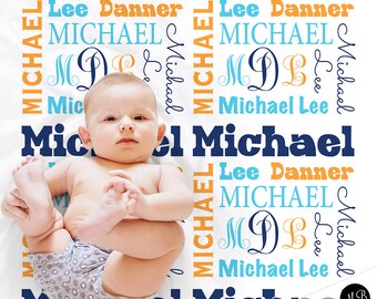 Baby boy personalized swaddle blanket, receiving blanket, boy monogram blanket , baby shower gift, boy gift, navy, orange, baby blanket 1001