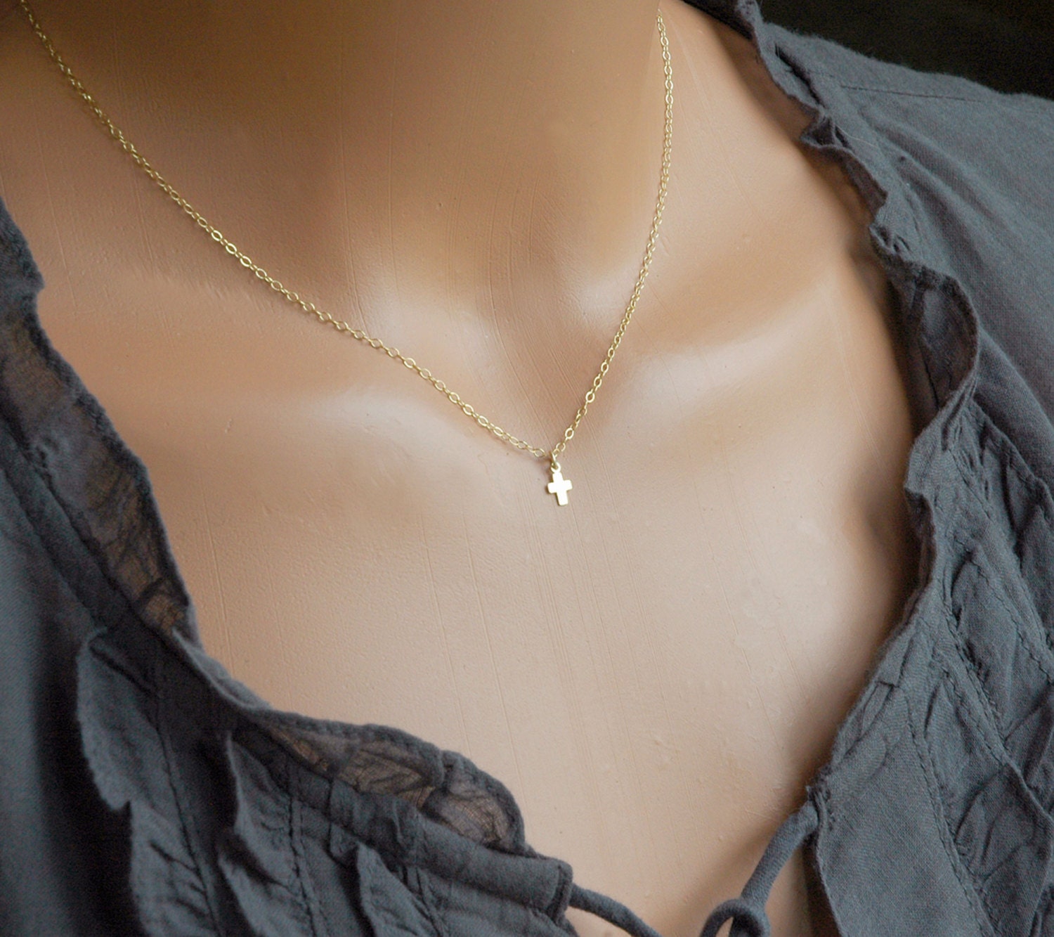 Tiny Cross Necklace Gold Cross Delicate Necklace by CVennell
