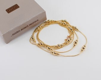 SALE 20 PERCENT Off Vintage 1992 Signed Avon Golden Accent Gold Tone Double Strand Ball Beaded Matinee Length Necklace in Original Box NIB