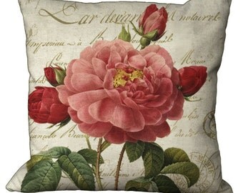 Red Wild Rose on a French Document on Burlap or Linen in Choice of 14x14 16x16 18x18 20x20 22x22 24x24 26x26 inch Pillow Cover