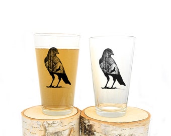 Pint Glass - The Crow and Deer - Screen Printed Glasses - Set of Two 16oz. Pint Glasses