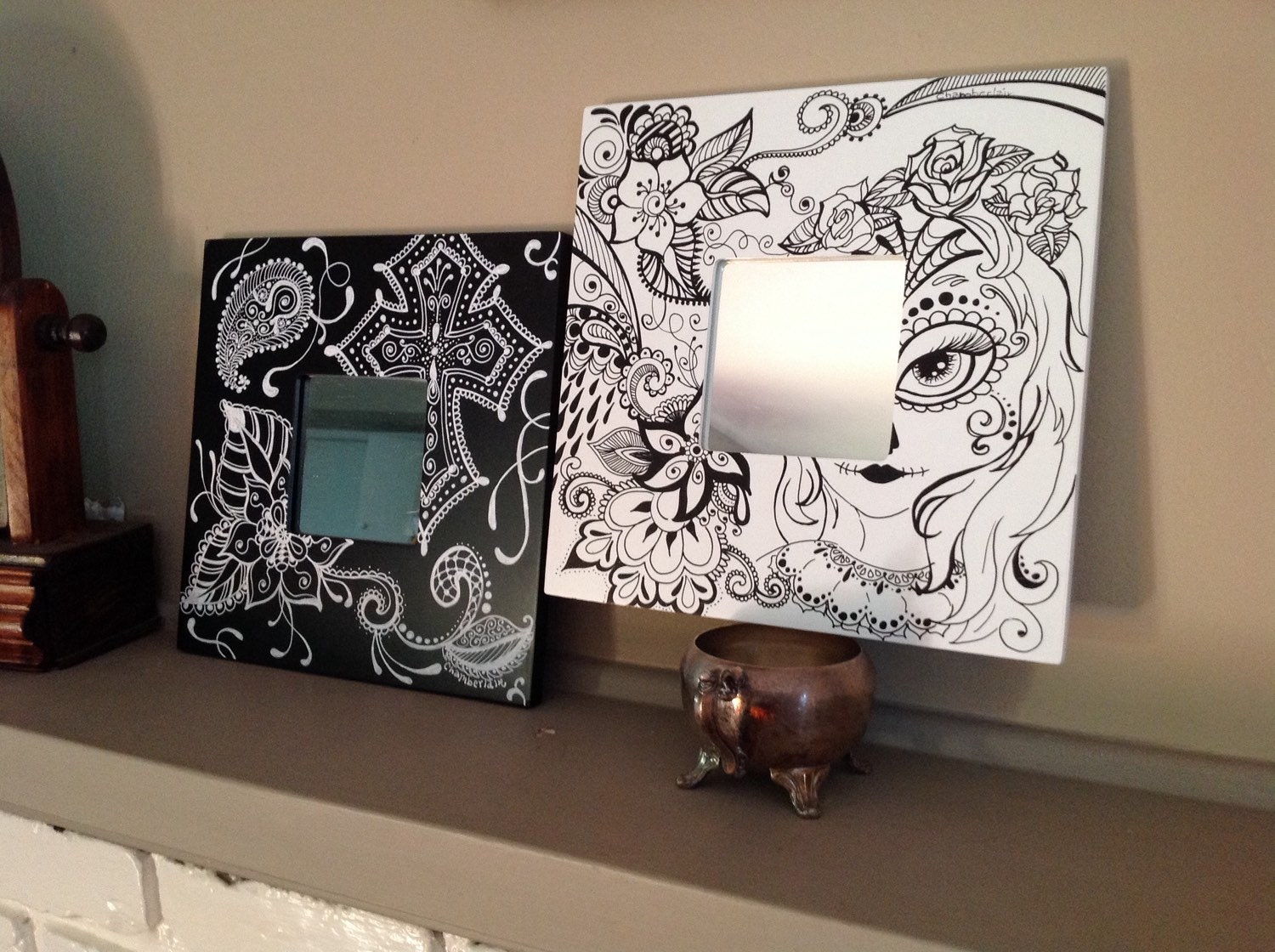 Set of 2 mirrors art paintings black and white day of by Cinthya13