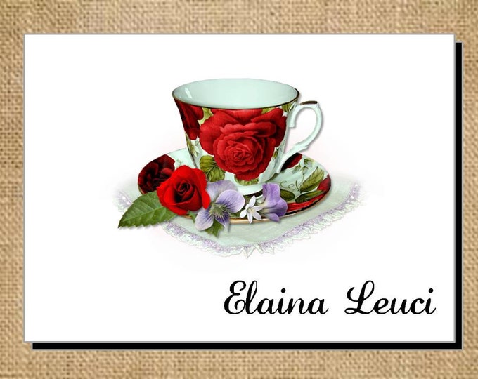 Beautiful Red Velvet Purple Teacup Cup Tea Note Cards - Invitations - Thank You Cards for Bridal Shower or Luncheon ~ Bridal Gift
