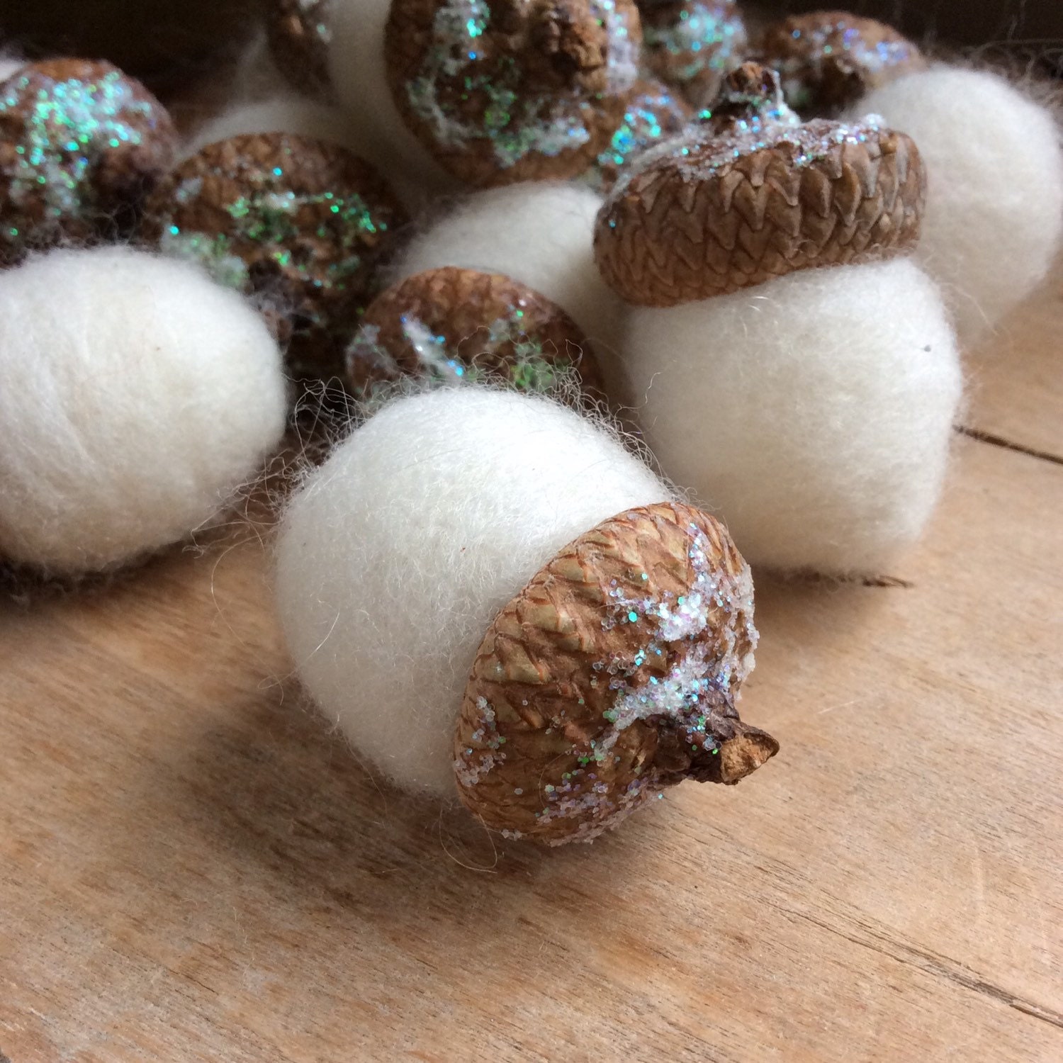 12 White Felted Holiday Acorns Bowl Fillers Needle Felted