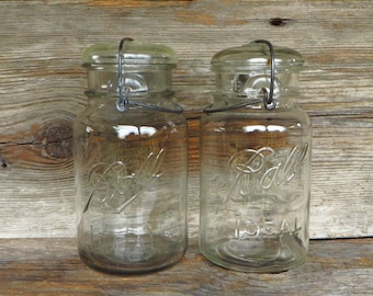 2 Ball Ideal Canning Jars with Wire Bale Tops 1940s Housewares Farmhouse Kitchen Storage Glass Canning Jars