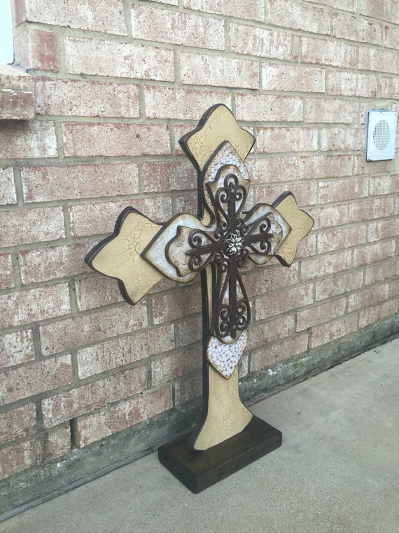 Standing Wood Cross Extra Large Creme and Brown Standing Wood