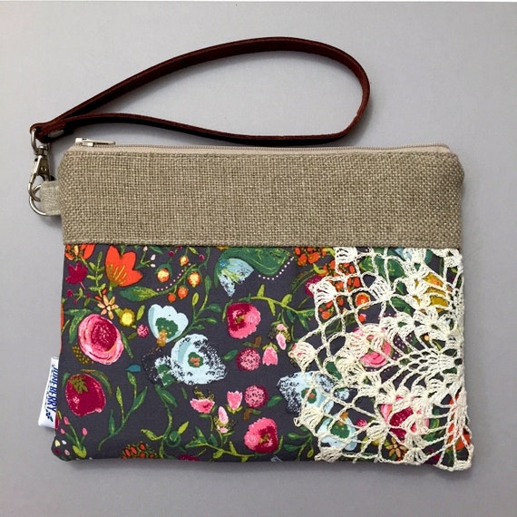 Vintage Doily Leather Wristlet Grey Floral