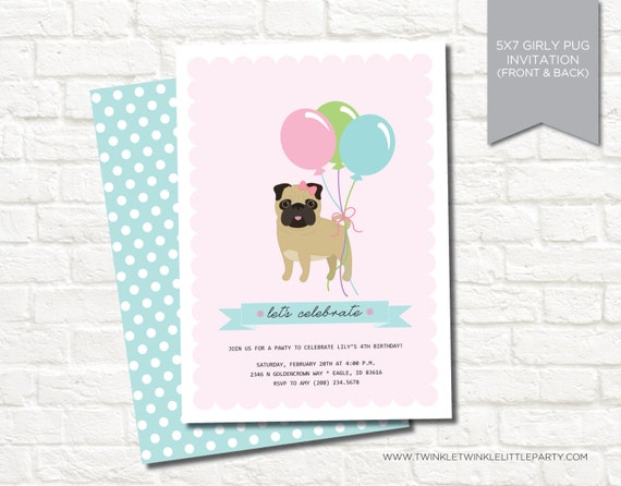 Pink Girly Pug Dog Digital Birthday Party Invitation Il_570xn