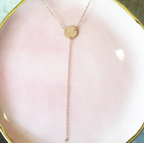 Lariat drop necklace rose gold hammered coin necklace
