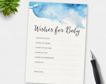 Printable Wishes for baby card, baby shower wishes for baby card, watercolour wishes for baby, 5x7, baby shower games, baby shower printable