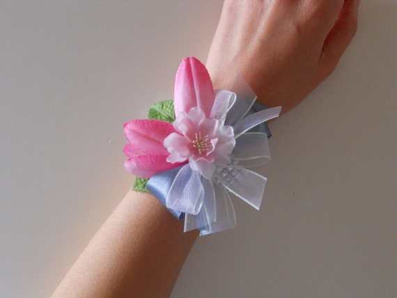 Items similar to Pink Tulips Wrist Corsage with Gray Silver Accent on Etsy