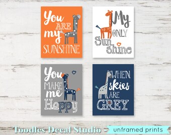 Giraffe Unframed Art Prints for Boys Room, You are My Sunshine Prints, Boys Giraffe Wall Art, Kids Giraffe Wall Art, Nursery Quote, Kids Art