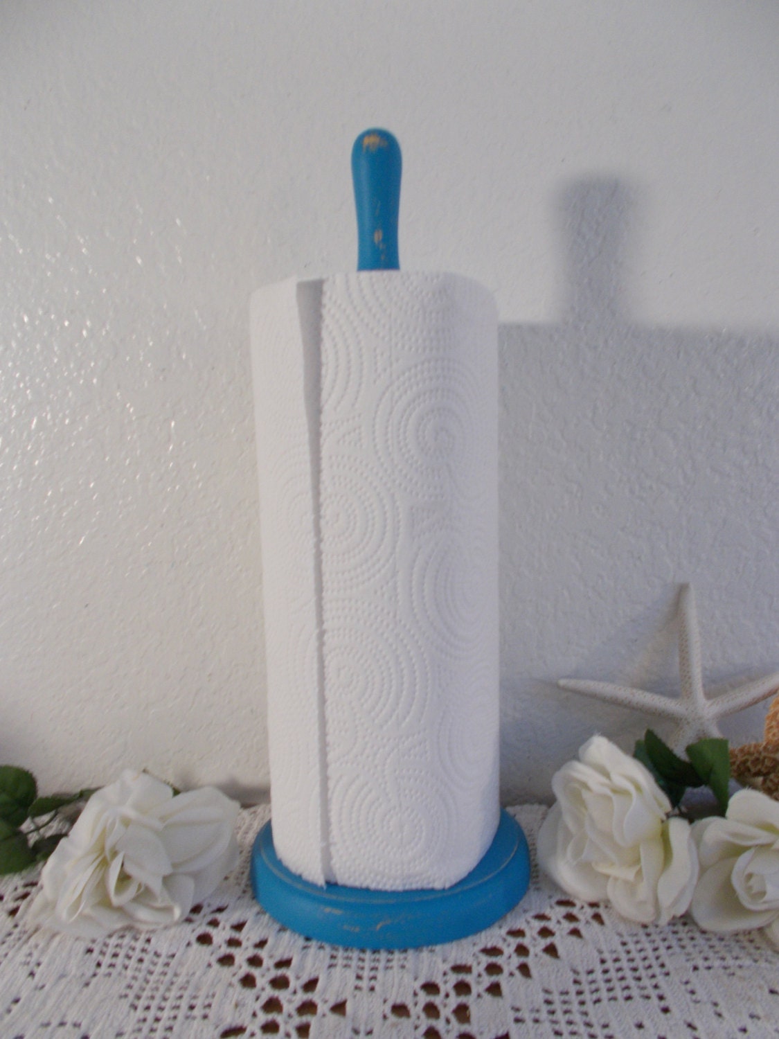 Aqua Turquoise Blue Paper Towel Holder Shabby Chic Wood Beach