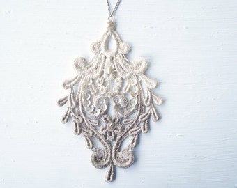 Tan Ombre Lace Statement Necklace with Beads and Sequins