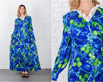 Blue Lace Hawaiian Dress Vintage 70s Tropical Floral print Maxi Medium M 7968 Blue Dress Lace Dress Vintage Dress Maxi Dress Medium Dress