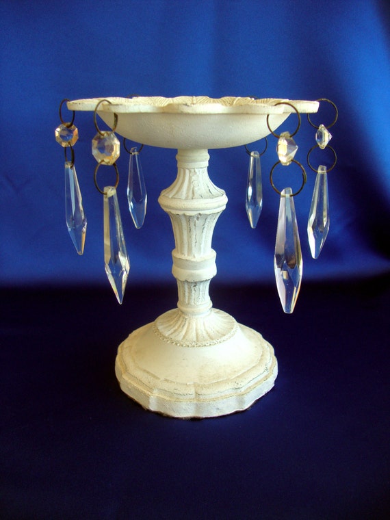 Cast iron candle holder dangling glass crystals shabby chic