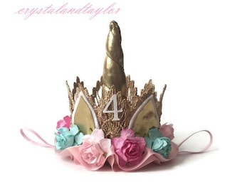 Unicorn Crown, Unicorn Birthday Crown, Flower Crown, Birthday Hat, Crown with Ribbon, Newborn Crown, Toddler Crown, Unicorn Horn